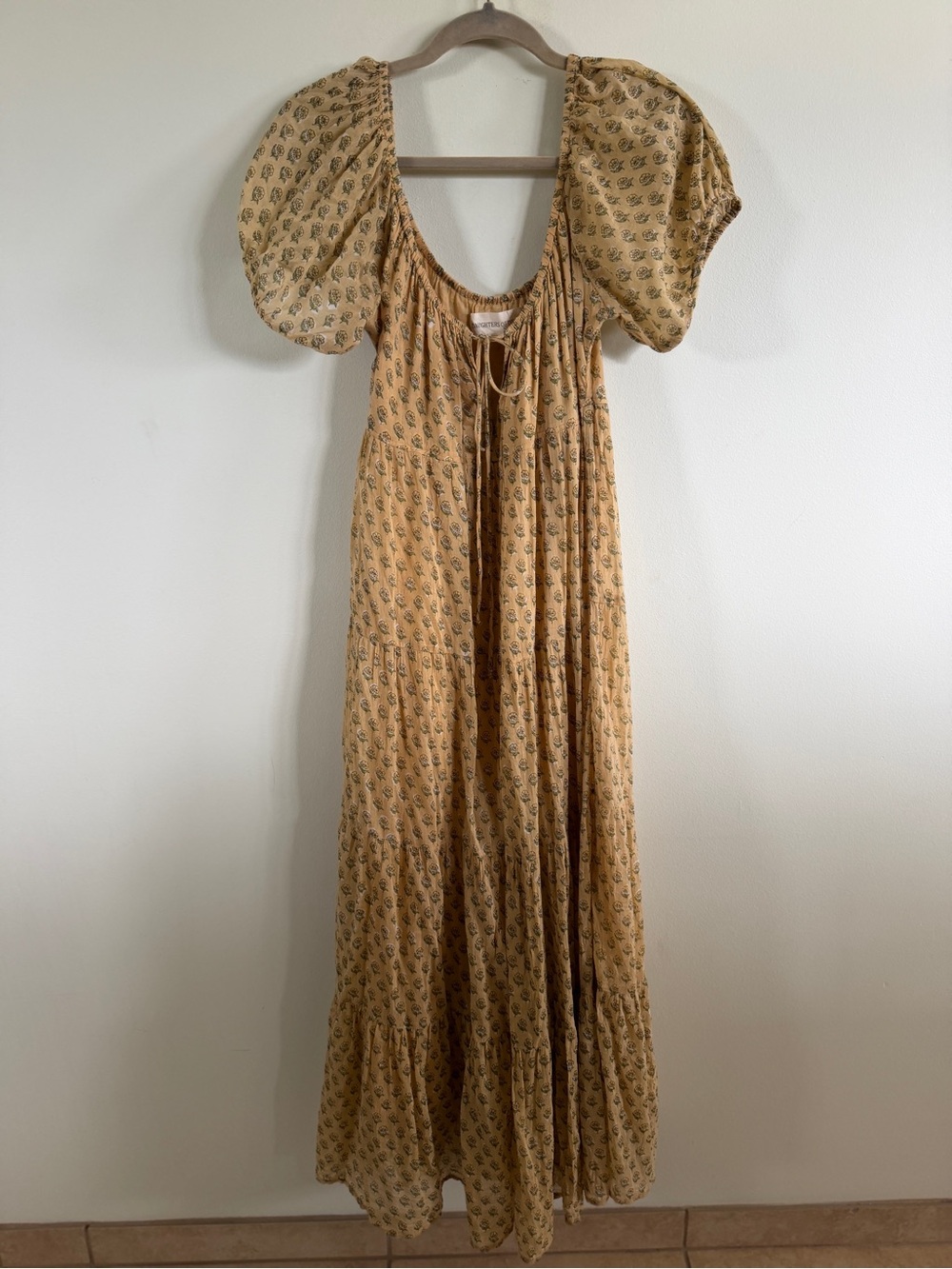 Daughters of India Mustard Printed Puff-Sleeve Maxi Dress large